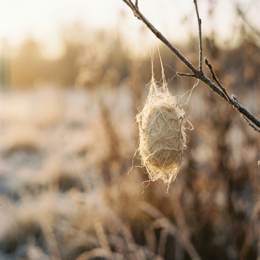 A silk cocoon on a bare branch