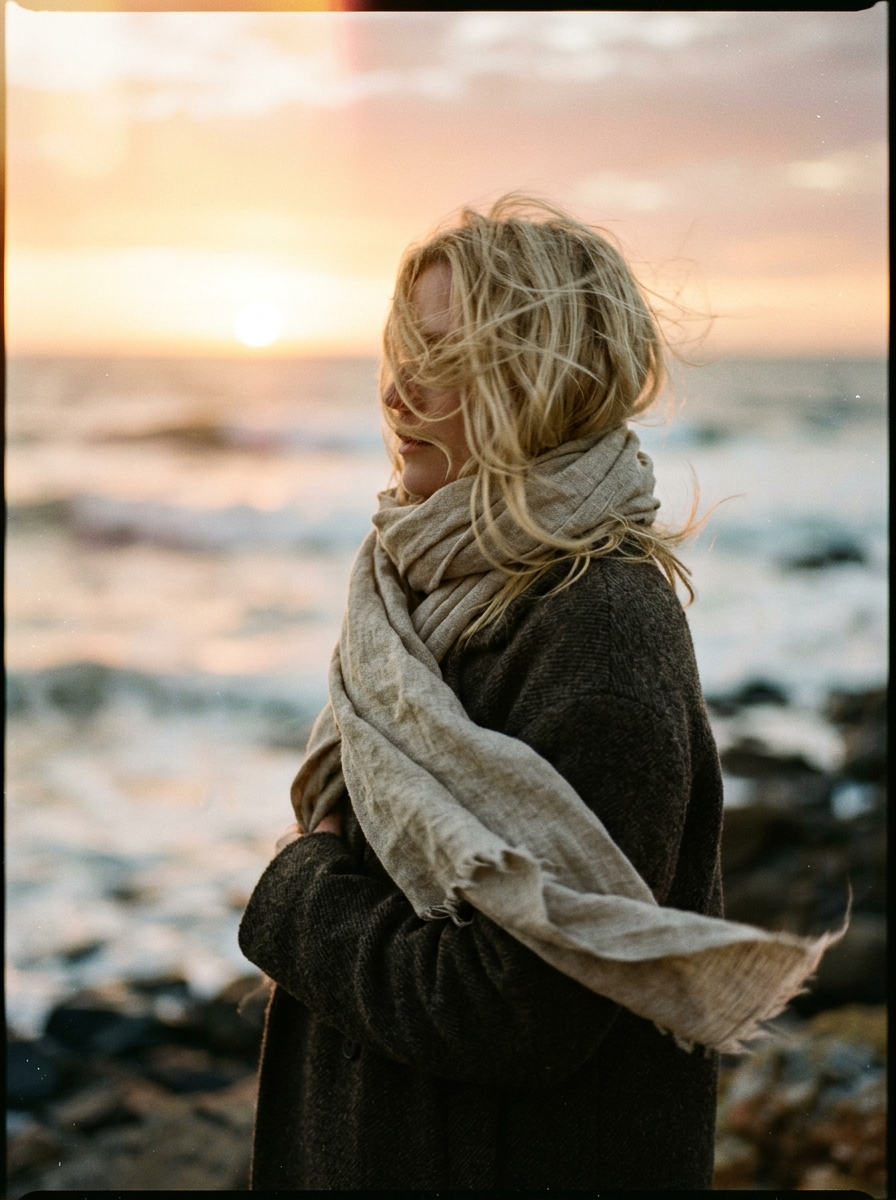 A woman at the sea at first light