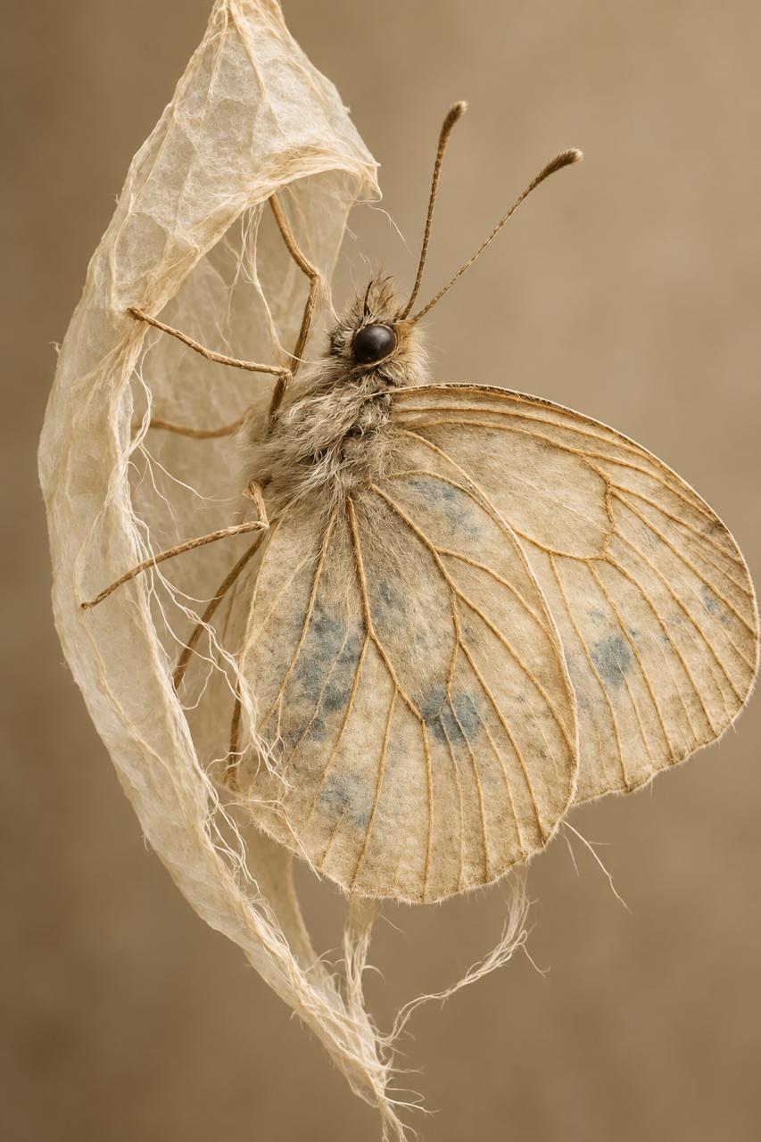 A butterfly just out of the cocoon, still holding on to the silk